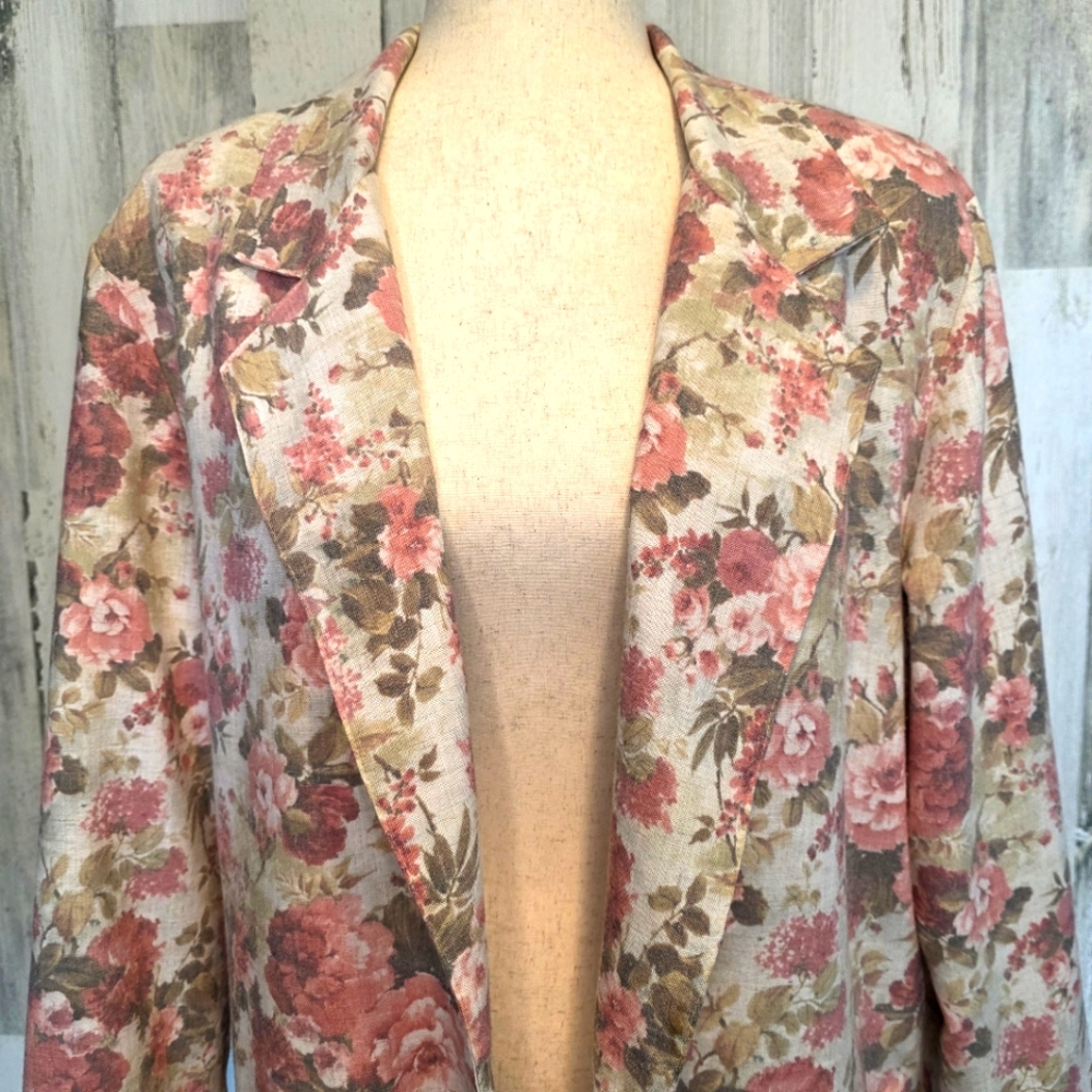 Vintage Kenneth Mitchell Floral Blazer Women’s Size 12M Linen Look Button Front